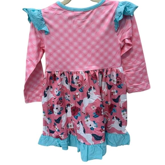 Baby Toddler Girls 12-18 (XS) Months Okie & Lou Pink Unicorn Floral Ruffle Dress - Picture 6 of 8